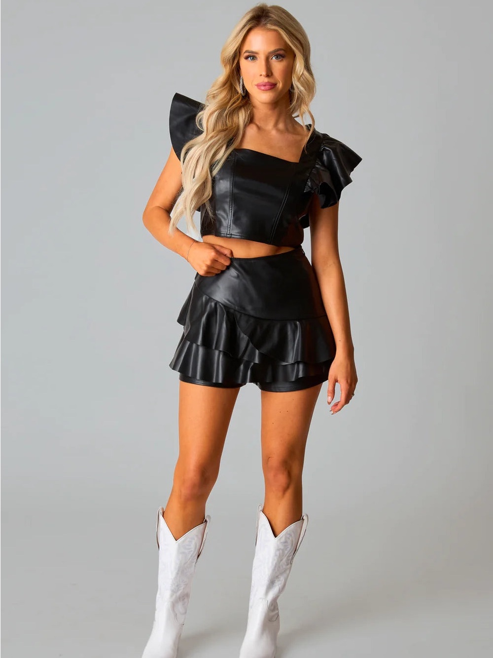 Buddy Love Faux Leather Ruffle Top & Skort Set